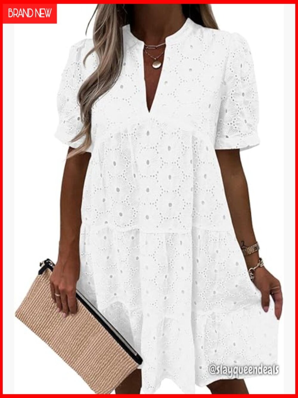 Eyelet Lace Swing Babydoll Dress Short Sleeve V-Neck Tunic